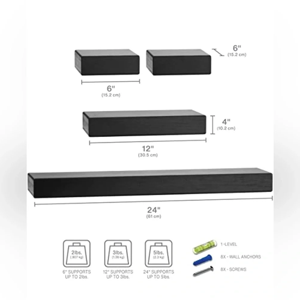 Melannco Floating Chunky Shelves Set of 4, Black, 4 Count
